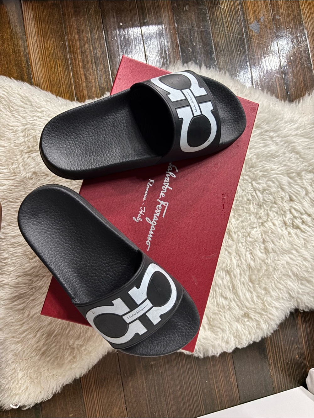 Salvatore Ferragamo Black Slides with White Gancini Detail